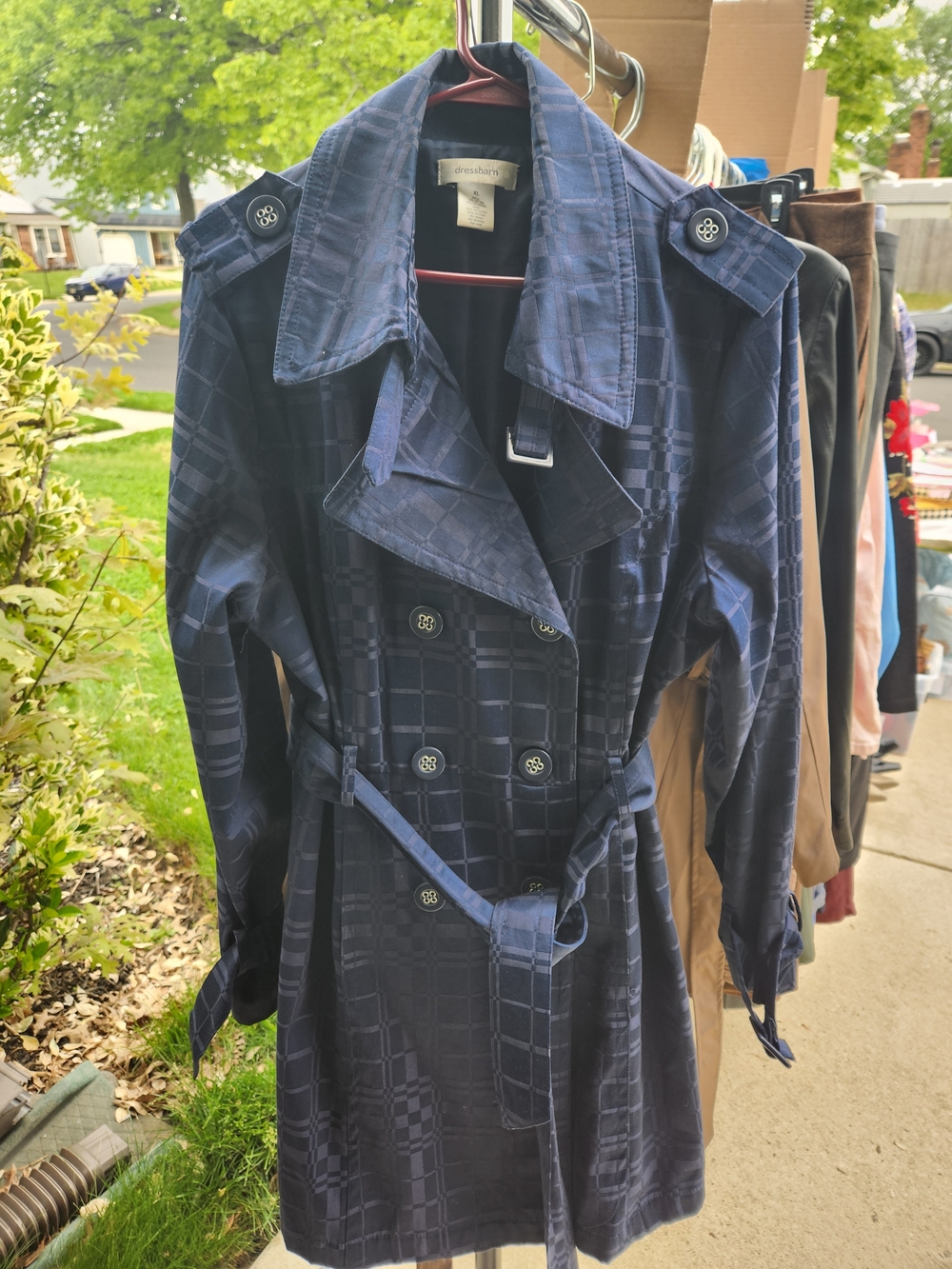 Dressbarn Navy Plaid Double-Breasted Trench Coat